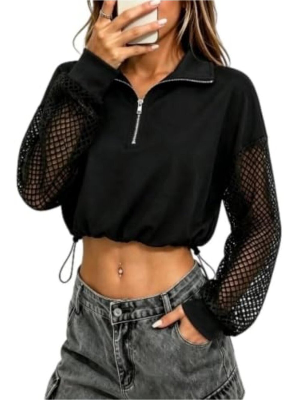 Mesh Long Sleeve Crop Top Half Zip Pullover Sweatshirt Mock Neck Y2K Streetwear
